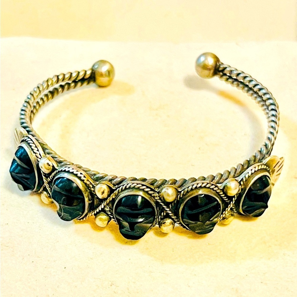 VTG Southwest Sterling Silver Carved Black Onyx Cuff Bracelet Mexico 32 G